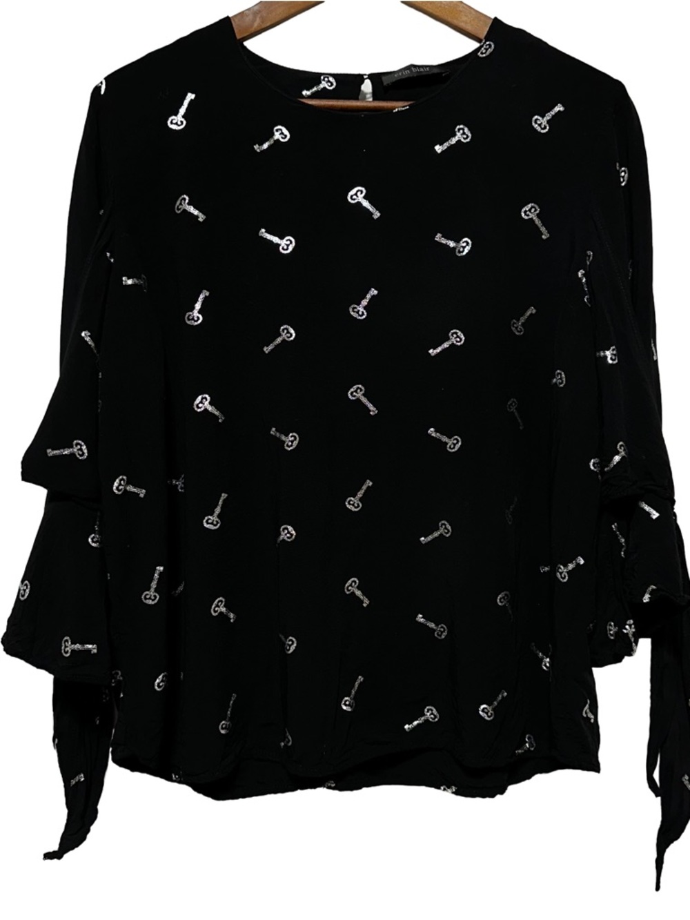 ERIN BLAIR Key Print Bell Sleeve Tie Cuff Blouse Gothic Novelty XL